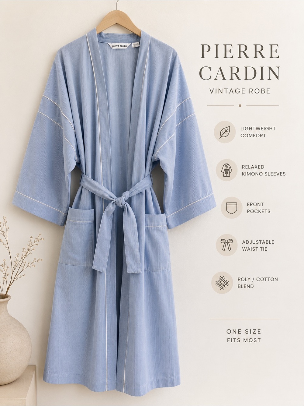 Vintage Pierre Cardin Blue Stripe Robe Duster Kimono Lounge Coverup OS